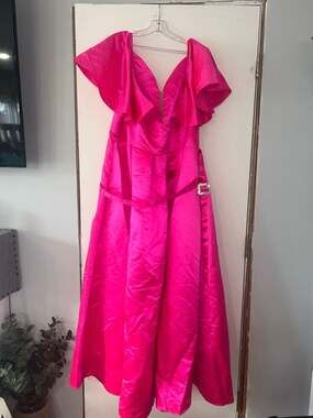 FAERIESTY Hot Pink Off-Shoulder Satin Ruffle Gown with Rhinestone Belt, Size 5XL